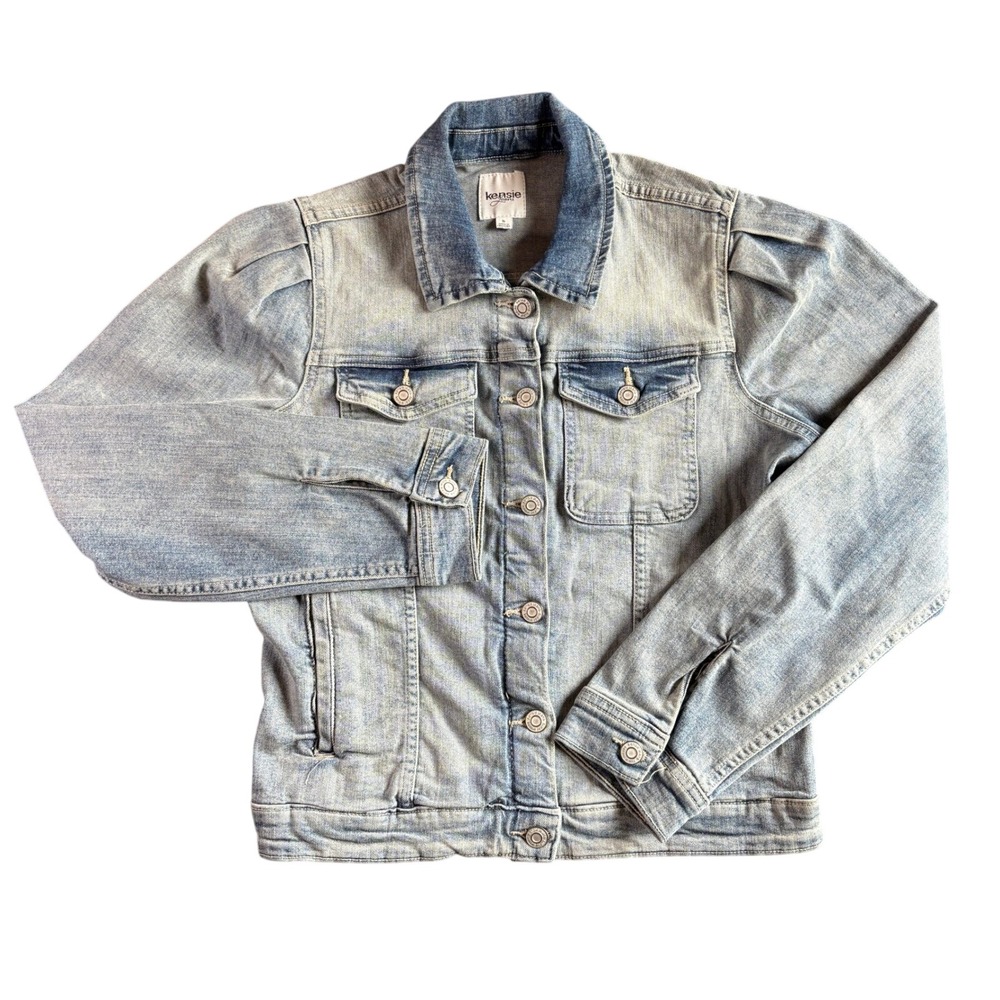 Kensie Womens Small Puff Sleeve Denim Jean Jacket Light Wash Button Front Crop